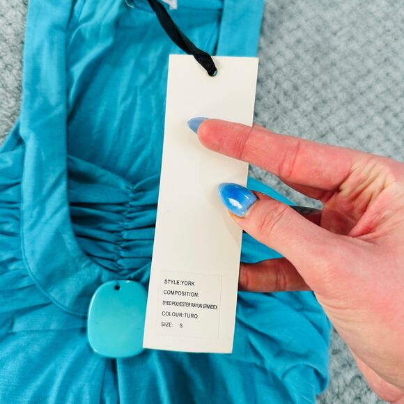 VINTAGE RETRO Y2K TURQUOISE BLUE HIGH NECK STONE JEWEL NECK TROPICAL SUNDRESS S - Picture 5 of 6